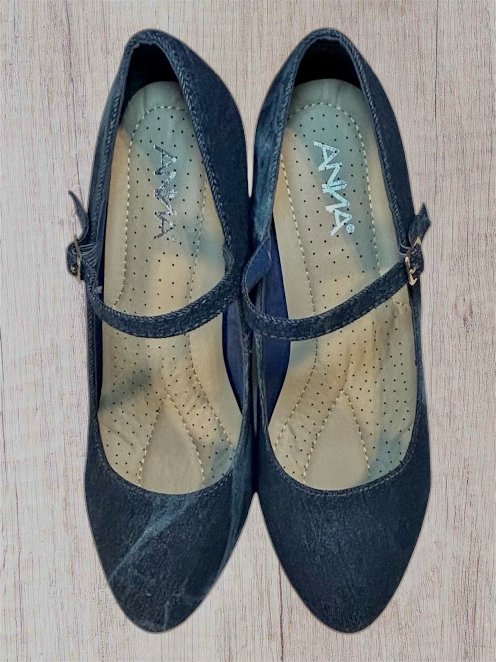 ANNA Navy Blue DENIM Mary Jane Block Heel Pumps - Size 11